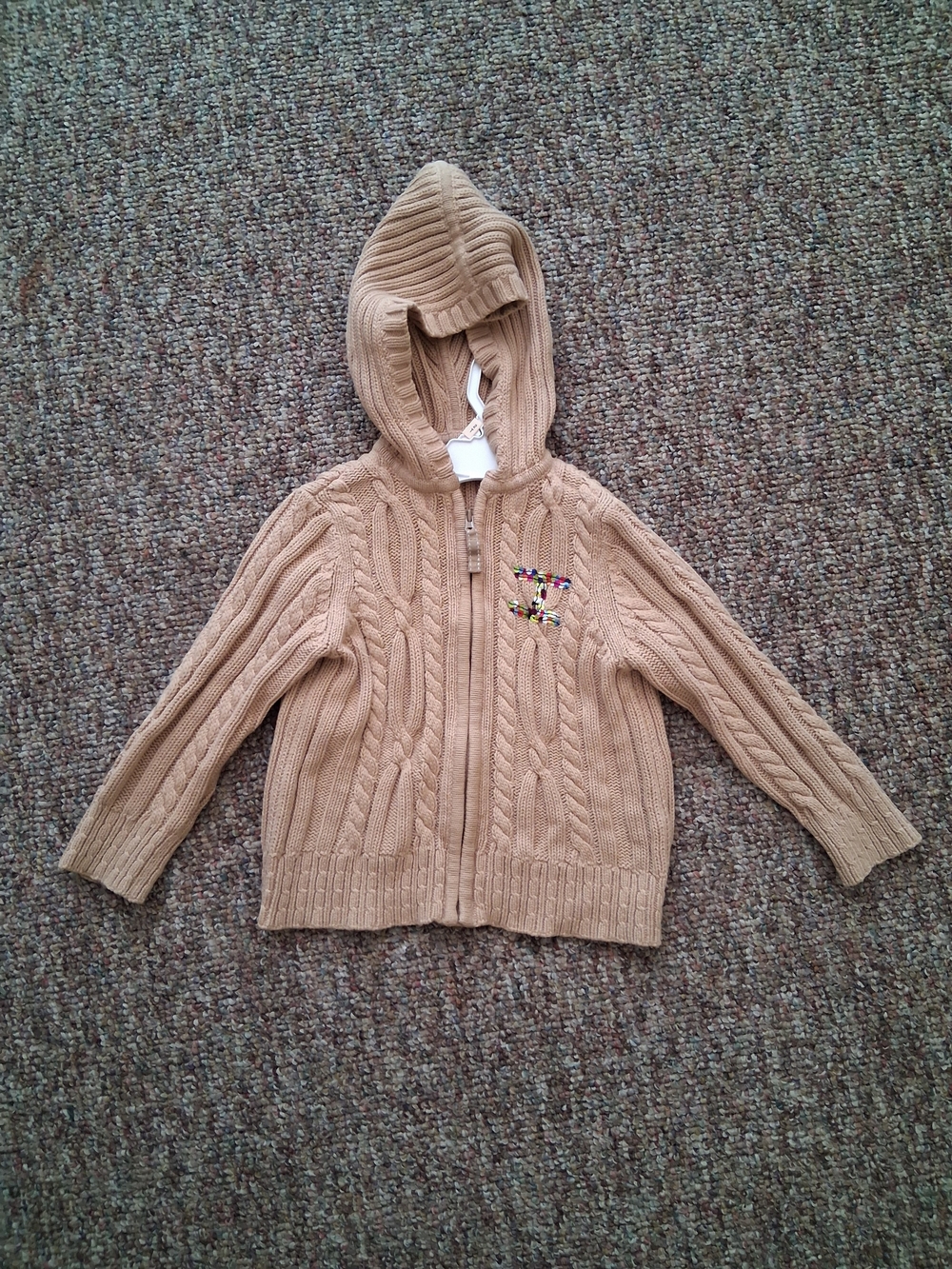 Lands End Kids Cable Knit Sweater Hoodie Full Zip Tan Beige Combed Cotton - Picture 2 of 6